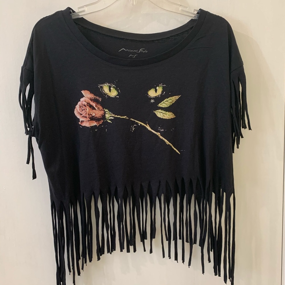 💖4 for $20💖 Black Cat Fringe Crop Top Shirt